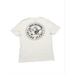 True Religion Men's Cotton T-shirt Sz M White Black Happy Buddha Logo Horseshoe